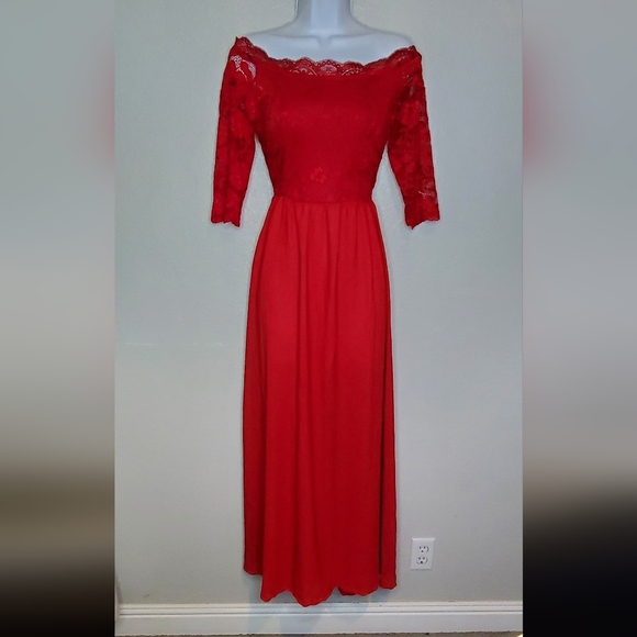 Elegant Red Lace Off-Shoulder Long Gown Maxi Dress Size Small - Picture 1 of 7